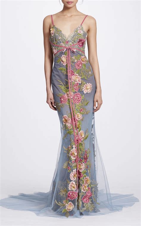 Marchesa Floral Embroidered Tulle Gown In Blue Modesens Floral Dress Design Flower Dress