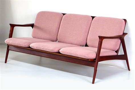 Pink Mid Century Modern Vintage 3 Seater Sofa With Solid Teak Frame