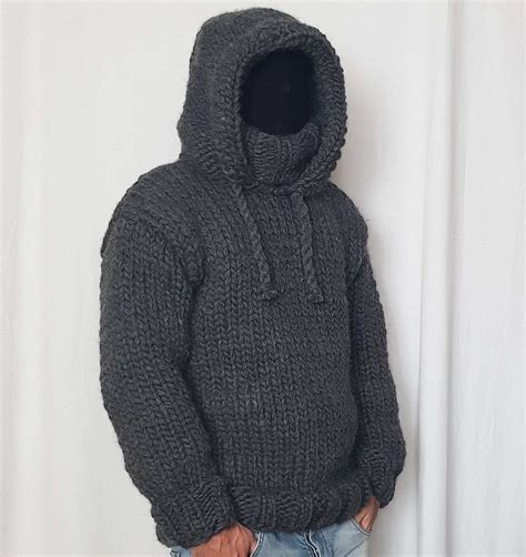 Hand Knitted Very Thick 100 Wool Mens Hoodie Sweater With Turtleneck