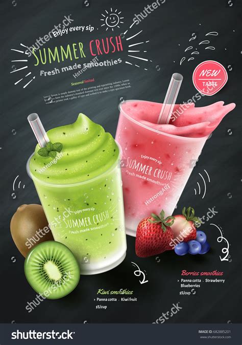 Fruit Smoothies Ads Kiwi And Berries Smoothie Cup With Fresh Fruit Isolated On Chalk Board