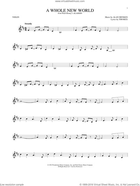 Check our top 10 intermediate violin concerto's with sheet music (pdf). Menken - A Whole New World sheet music for violin solo PDF