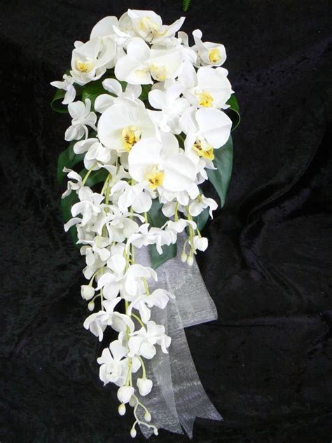 Cascading Bouquet Of Artificial White Phalaenopsis And Dendrobium Orchids