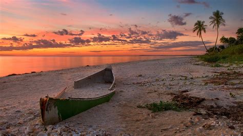 Wallpaper Landscape Boat Sunset Sea Bay Shore Sky Clouds