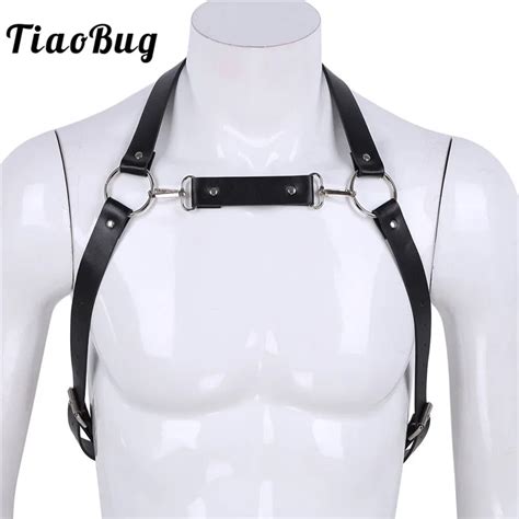 tiaobug punk black pu leather sexy men body chest harness gothic bondage belt male o ring halter