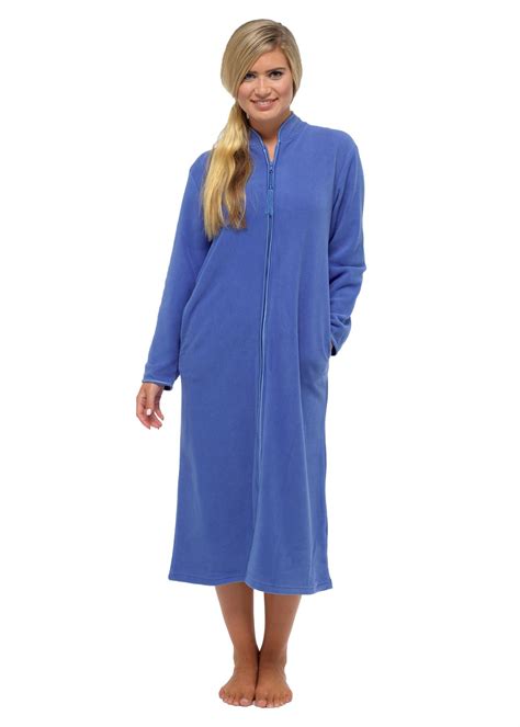 Ladies Zip Up Soft Fleece Dressing Gown Zipped Robe With Satin Trim Uk