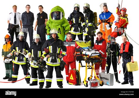 Firefighters In Various Uniforms Suits With Different Equipments