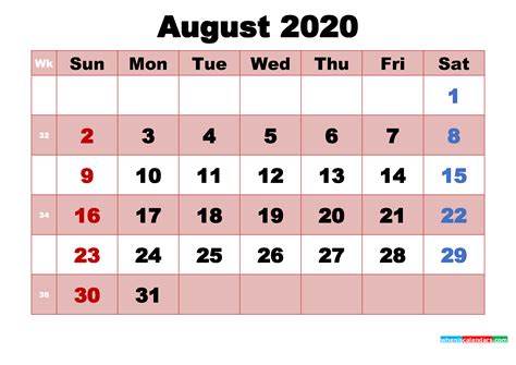 Printable August 2020 Calendar Word