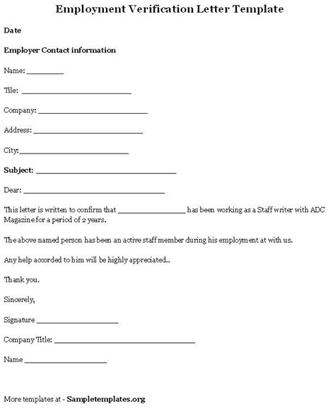 printable sample letter  employment verification form