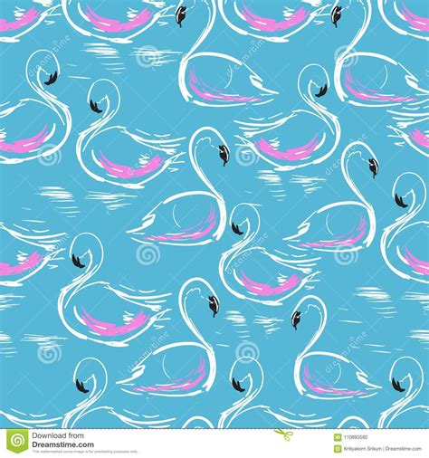 Summer Seamless Hand Drawing Swans Pattern On Lake Trandy Sky Stock