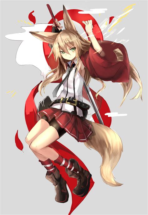 Anime Anime Girls Fox Girl Weapon Skirt Boots Traditional
