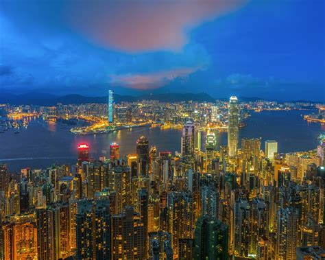 Wallpaper City Night View Hong Kong Skyscrapers Lights Sea