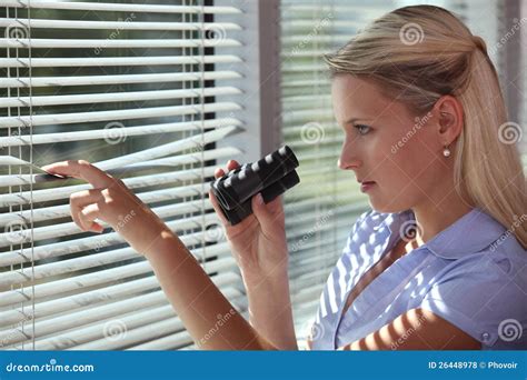 Nosy Woman Peering Through Some Blinds Stock Photo Image Of Police