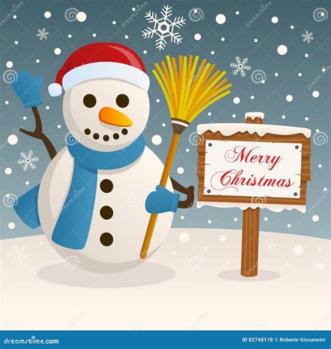 merry christmas sign happy snowman stock vector illustration of snow holding 82748178