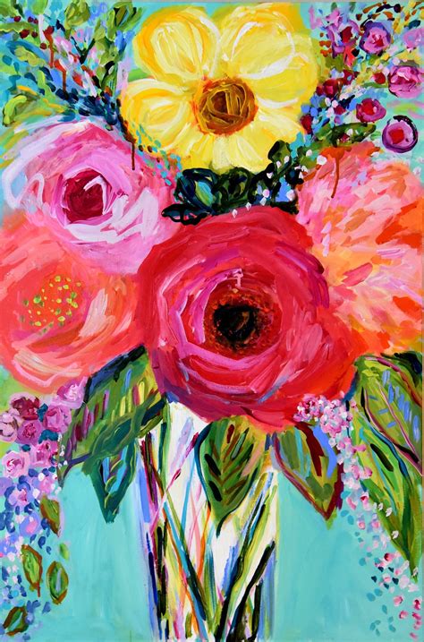 Large Still Life Abstract Flowers Colorful Bouquet In Vase Garden