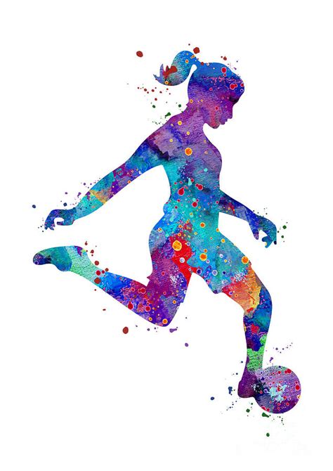 Girl Soccer Player Colorful Blue Purple Watercolor Artwork Digital Art
