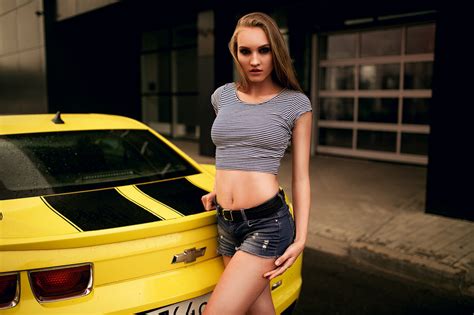 Wallpaper Blonde Jean Shorts Camaro Women Outdoors Portrait Brunette Car Belly