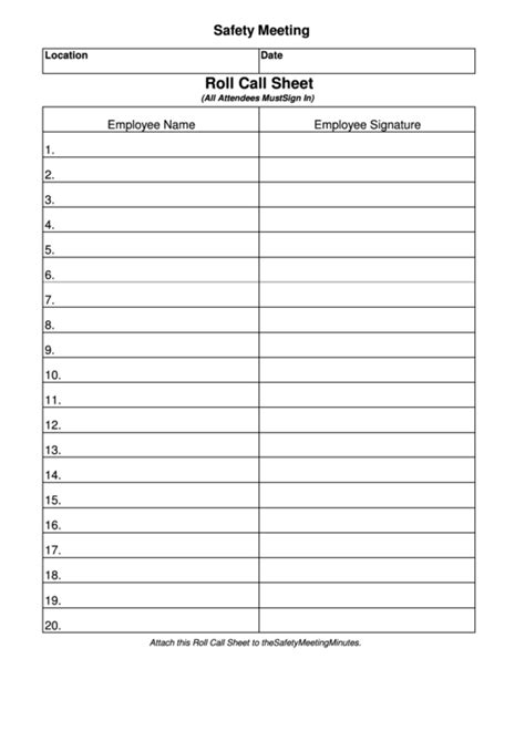 Safety Meeting Roll Call Sheet Template Printable Pdf Download