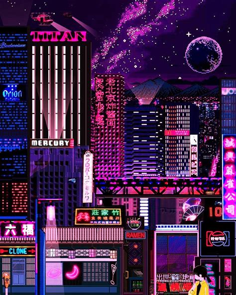 Pixel Art City Life Neon Pink Blue Lights Retro Look Pixel Art