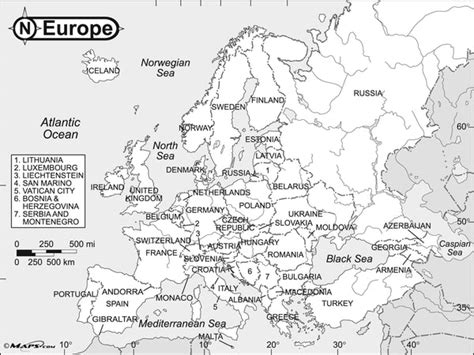 Europe Black And White Reference Map 2005