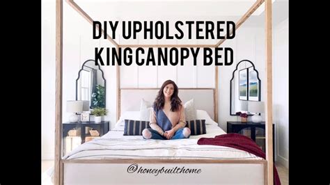 A contrasting, linen upholstered headboard with square buttoning detail, exudes a modern hamptons vibe. DIY King Upholstered Canopy Bed Tutorial - YouTube