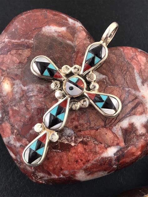 Vintage Zuni Sunface Inlay Multi Color Cross Sterling Silver Etsy