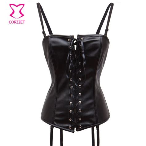Black Faux Leather Corset With Strap Lace Up Front Overbust Bustier