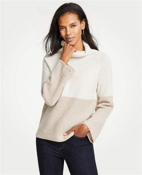 Ann Taylor Cashmere Colorblock Ribbed Turtleneck Sweater Ribbed