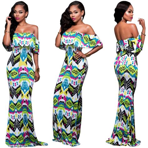 Summer Off The Shoulder Sexy Wrapped Chest Bohemian Beach Maxi Dress Ruffles Detail Colorful