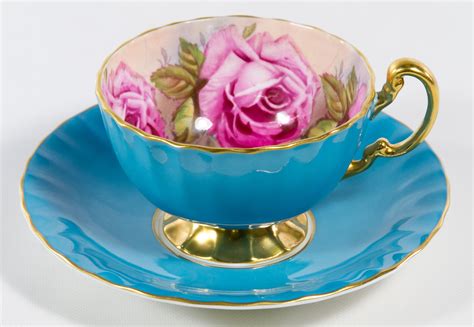 Aynsley Cabbage Rose Cup And Saucer Blue Cup And Saucer With Rose Interior Numbered