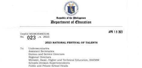 Deped Memorandum No 023 S 2023 2023 National Festival Of Talents