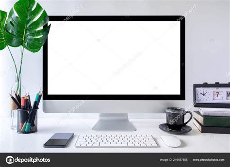 Mockup Blank Screen Monitor Desktop Computer Office Supplies — Stock