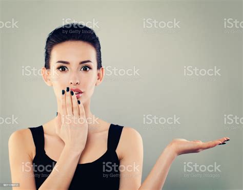 Happy Surprised Woman Woman Showing Empty Open Hand Young Model With Empty Hand And Fashion