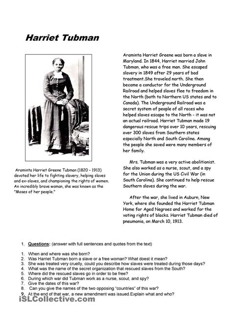 Harriet Tubman Worksheet 4th Grade