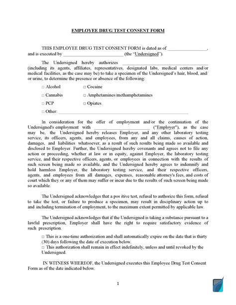 Drug Testing Consent Form Employee Authorization