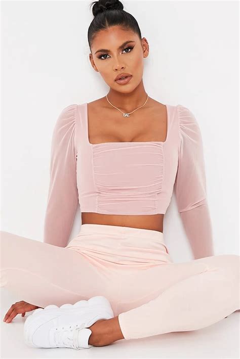blush pink mesh ruched front long sleeve crop top long sleeve crop top crop tops mesh long