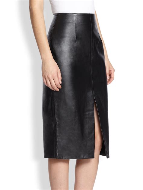 nicholas front slit leather pencil skirt in black lyst
