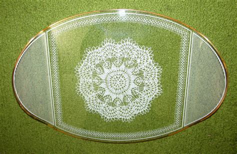 Vintage Oblong Glass Doilie Lace Serving Tray By Chance Glass Etsy