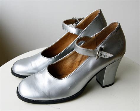 Silver Mary Janes Straps And Chunky Heels