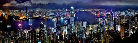 Building Night Skyscraper Hong Kong Multiple Display City Harbor