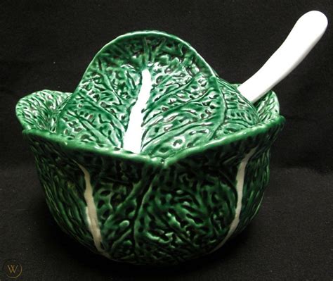 1980 Portugal Majolica Cabbage Leaf Lidded Soup Tureen With Ladle And
