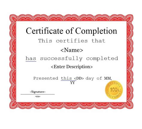 Certificate Of Completion Template Red Border Editable Msword Document