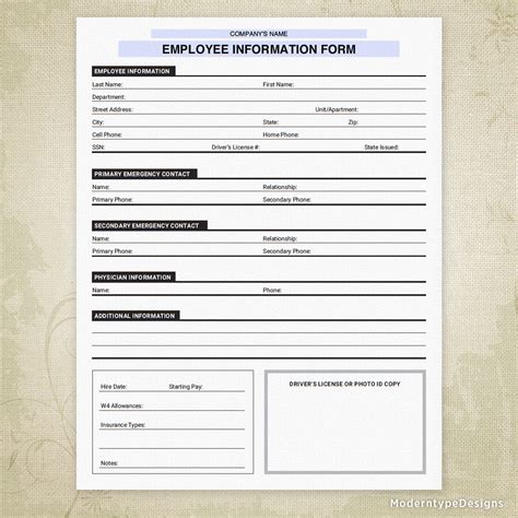 Employee Information Printable Form, New Hire Sheet, Digital File