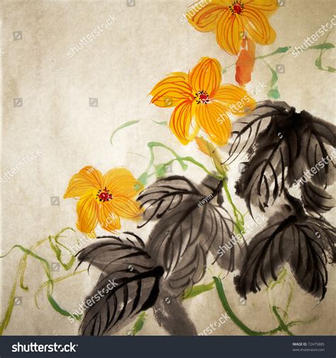 Chinese Painting Traditional Art With Flower In Color On