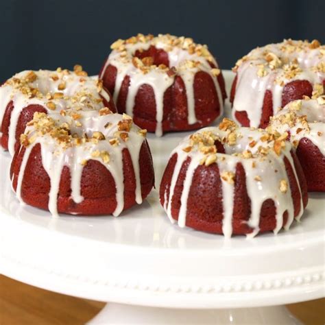 A classic recipe for red velvet bundt cake, complete with gooey cream cheese frosting and sprinkled with mini chocolate chips. Red Velvet Mini Bundt Cakes | Recipe | HOLIDAY - VALENTINE ...