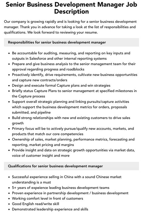 Senior Business Development Manager Job Description Velvet Jobs