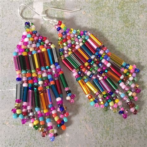 Small Beaded Confetti Fringe Seed Bead Earrings Beaded Dangle Etsy