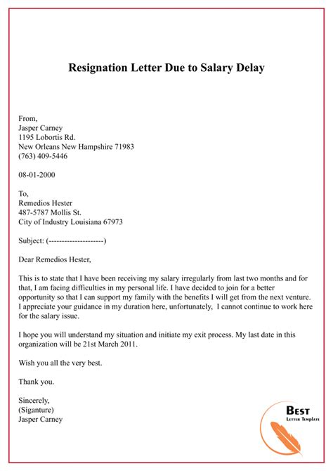Resignation Due To Low Salary Sample Resignation Letter