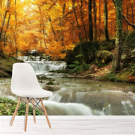 Waterfall Autumn Trees Wall Mural Forest Photo Wallpaper Living Room