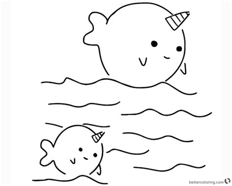 Two cute narwhals coloring pages - Free Printable Coloring Pages