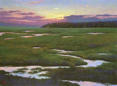Sunset Over The Marsh By Jacob Aguiar Ocean Landscape Painting Pastel